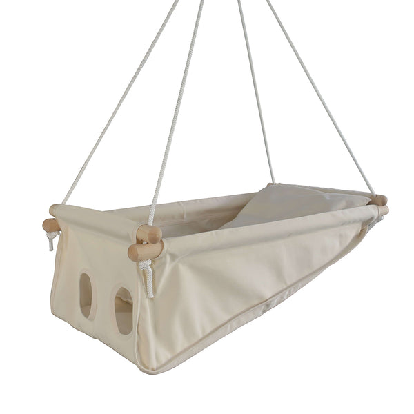 Berceau suspendu ZEBUL'HAMAC 100% bio avec son matelas garni de fleur de liège et 100% fabriqué en France. Marque PETITE PLANETE